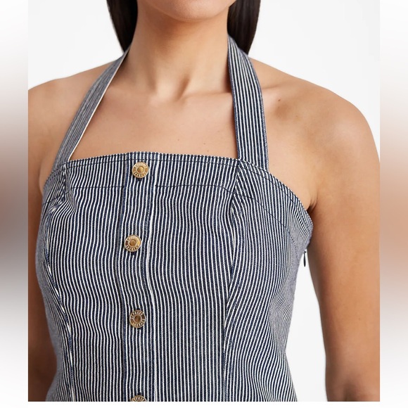 Brand New Express Denim Striped Halter Neck Novelty Button Top - Picture 2 of 8